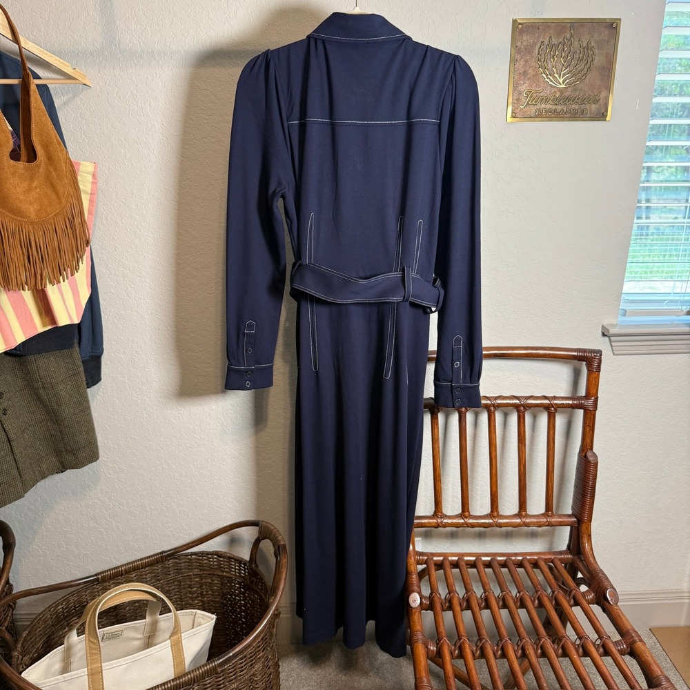 Boden Navy Blue Contrast Stitch Belted Midi Shirt Dress Womens 12R UK 16R - Picture 6 of 9